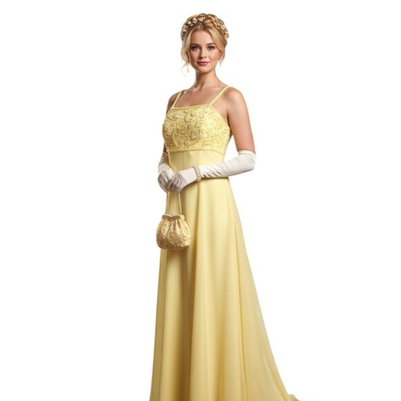 VTG 80s Slip Dress Butter Yellow Sequin Beaded Silk Gown 6 Regency Bridgerton - Picture 1 of 13